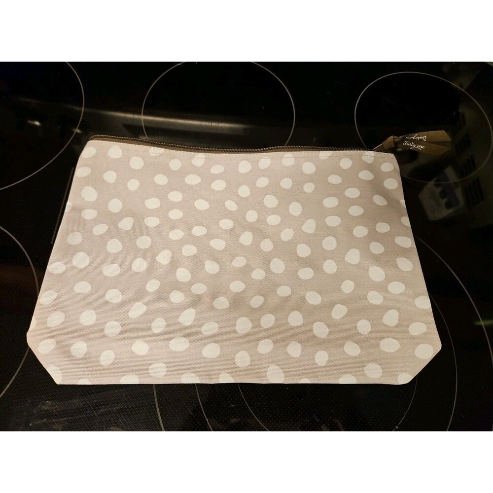 Thirty-One Taupe Beige Lotsa Dots Retired Zipper Bag 12"x 9.5" EUC